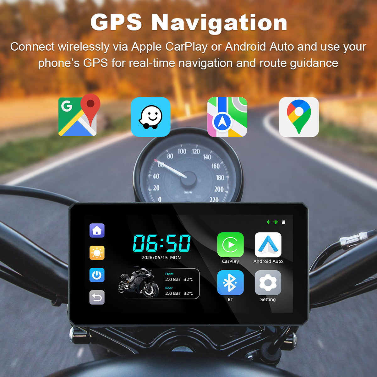 Pantalla de navegación para motocicleta Linkifun™ MT6 de 6" con CarPlay y Android Auto inalámbricos, navegación GPS, Bluetooth 4.2 y TPMS opcional