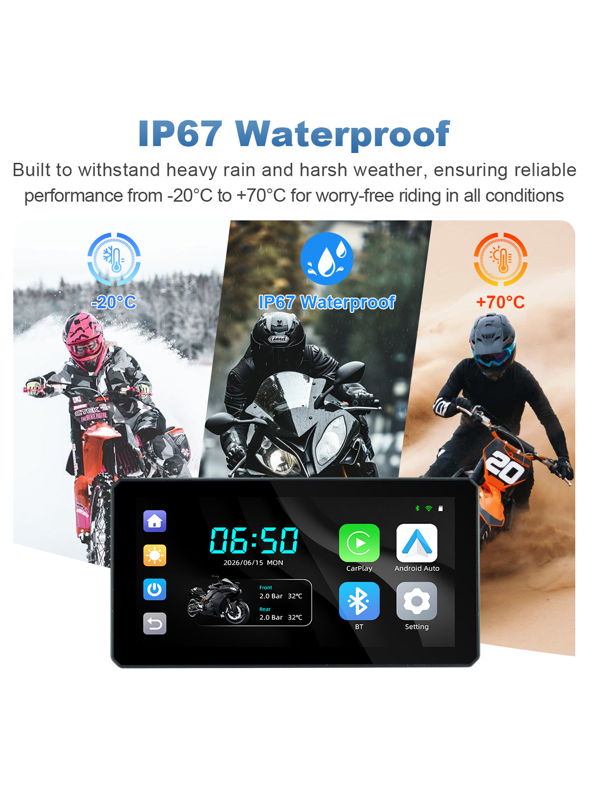 Linkifun MT6 6-inch motorcycle navigation screen with IP67 waterproof protection and -20°C to +70°C operating temperature range for all-weather riding