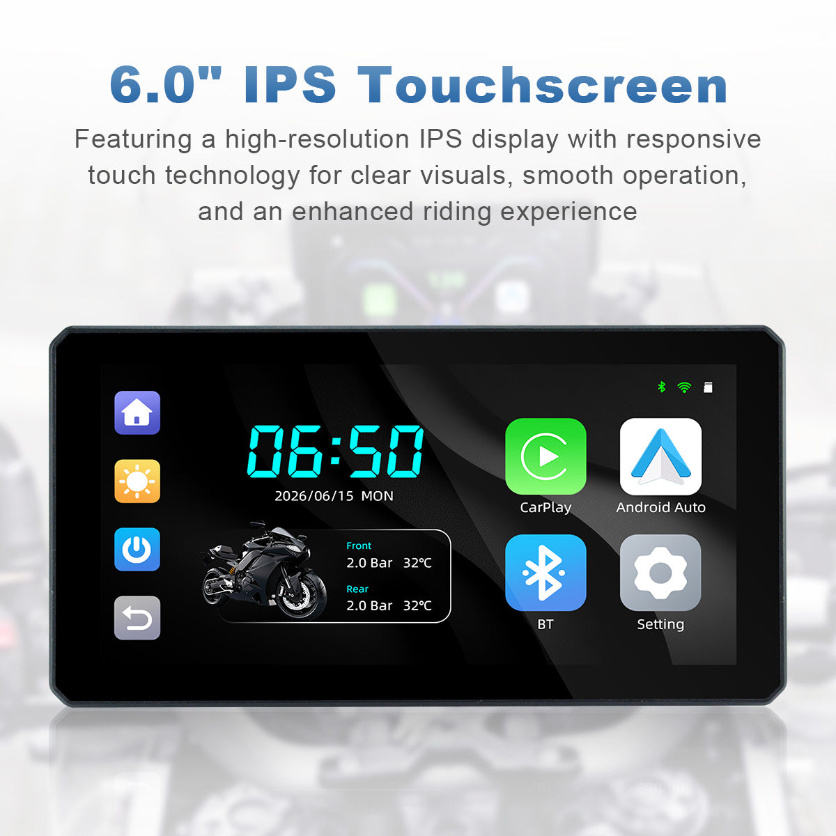 Pantalla de navegación para motocicleta Linkifun™ MT6 de 6" con CarPlay y Android Auto inalámbricos, navegación GPS, Bluetooth 4.2 y TPMS opcional