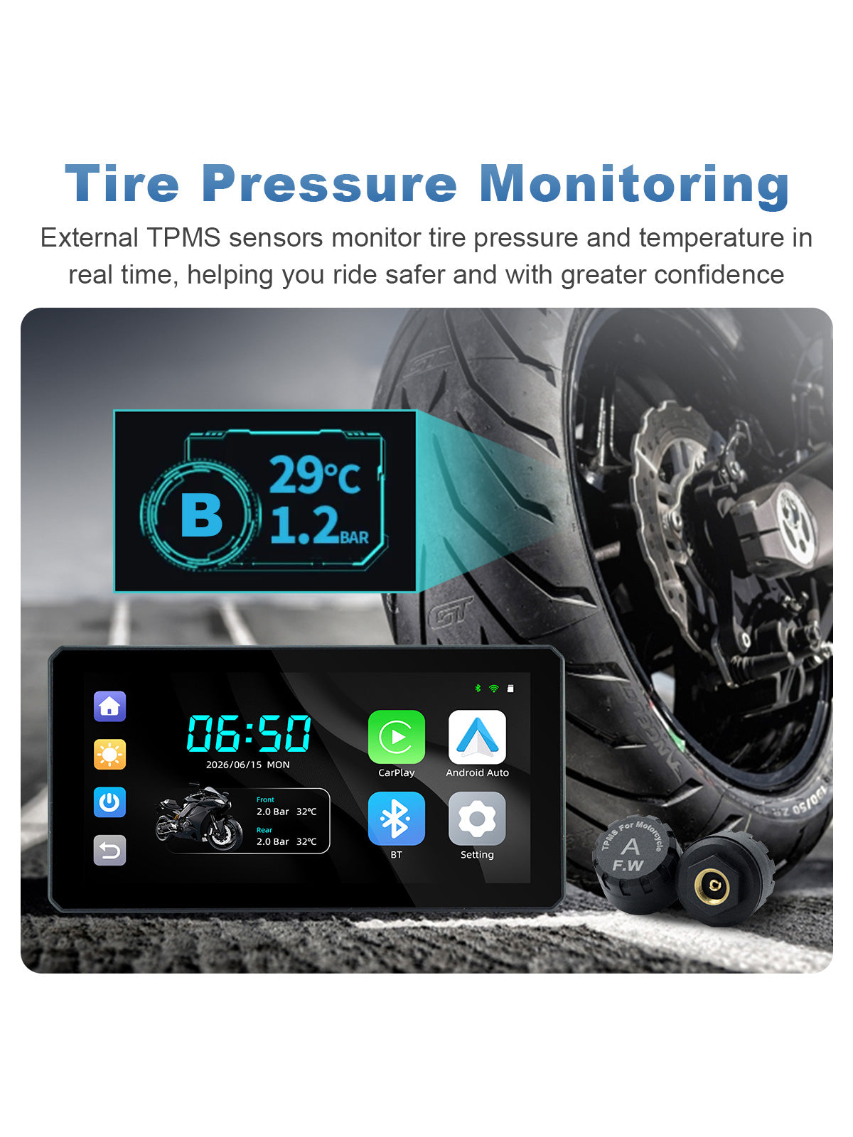 Linkifun MT6 6-inch motorcycle navigation screen with optional external TPMS sensors for real-time tire pressure and temperature monitoring