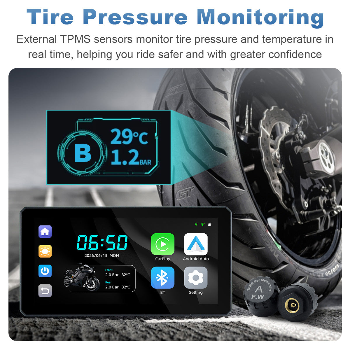 Pantalla de navegación para motocicleta Linkifun™ MT6 de 6" con CarPlay y Android Auto inalámbricos, navegación GPS, Bluetooth 4.2 y TPMS opcional