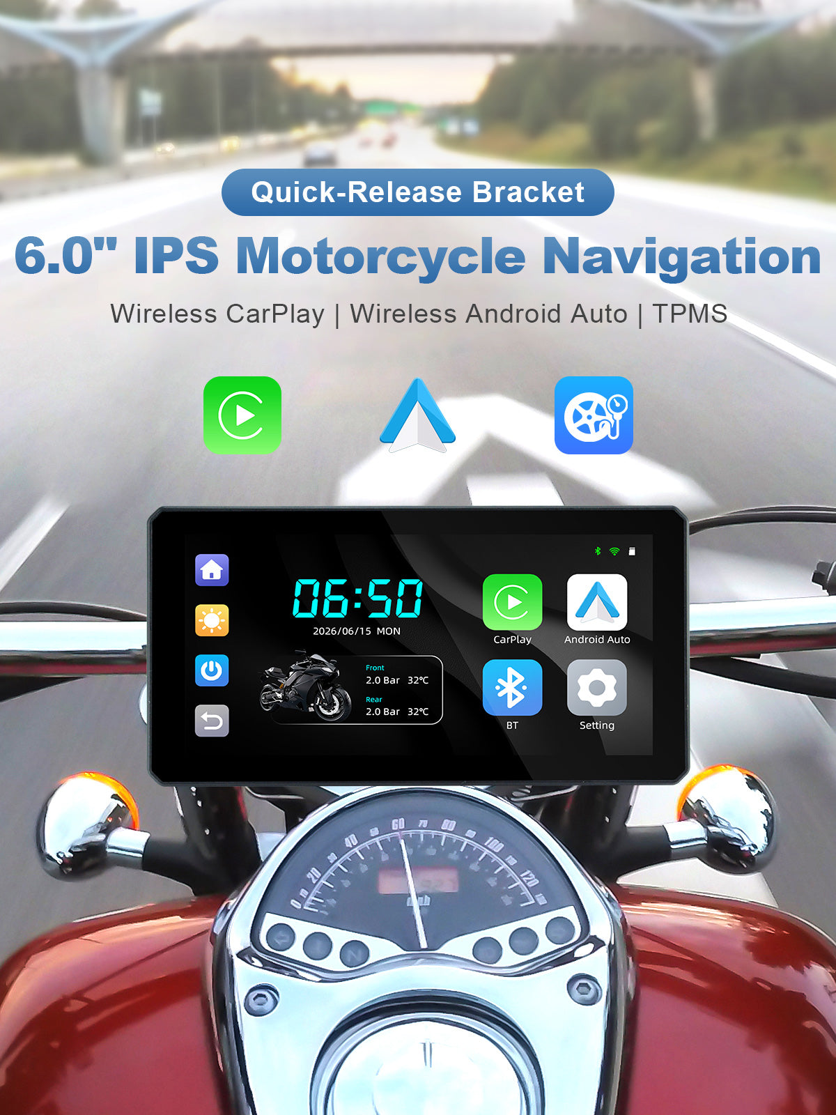 Linkifun MT6 6-inch motorcycle navigation screen with quick-release bracket, wireless Apple CarPlay, Android Auto, and optional TPMS monitoring