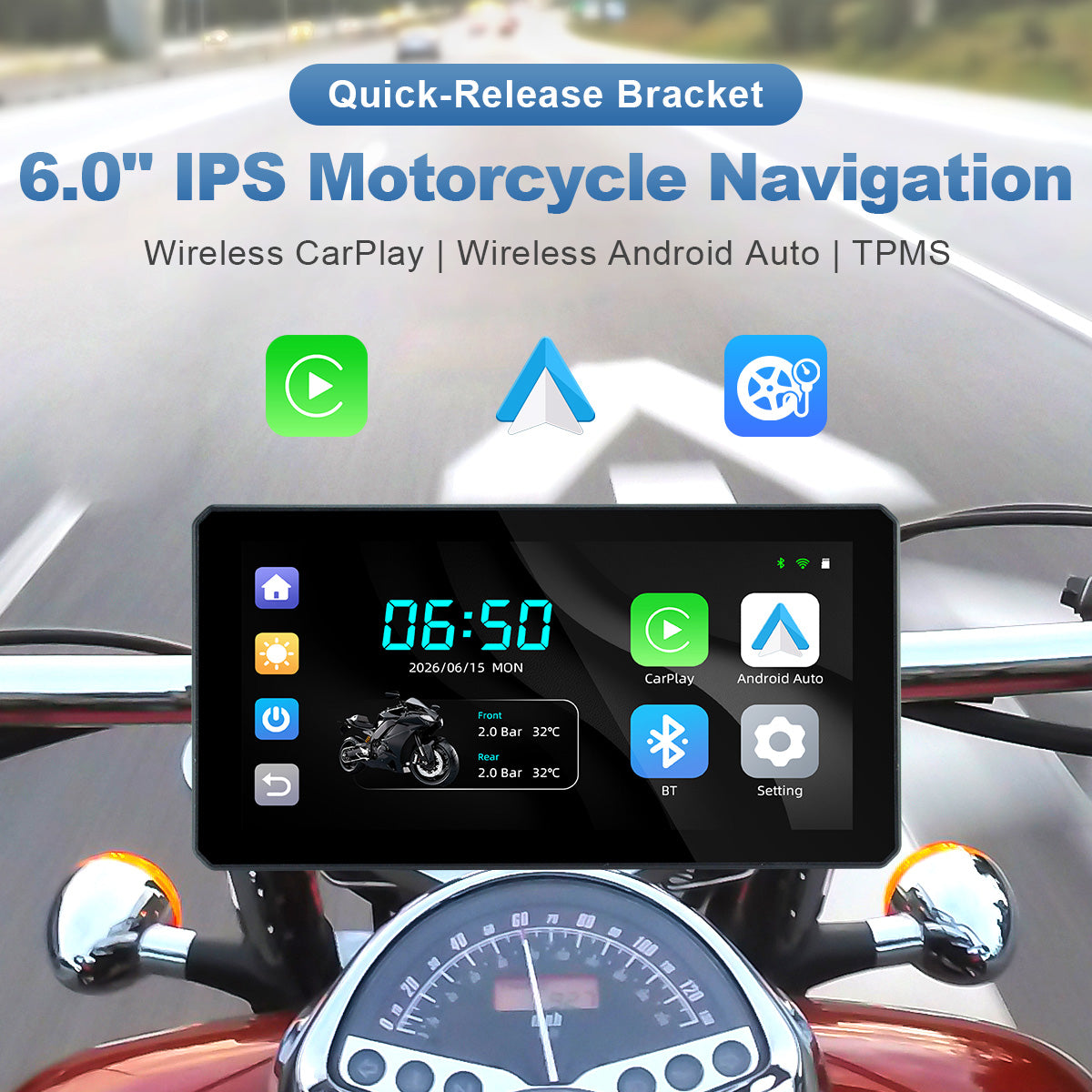Pantalla de navegación para motocicleta Linkifun™ MT6 de 6" con CarPlay y Android Auto inalámbricos, navegación GPS, Bluetooth 4.2 y TPMS opcional