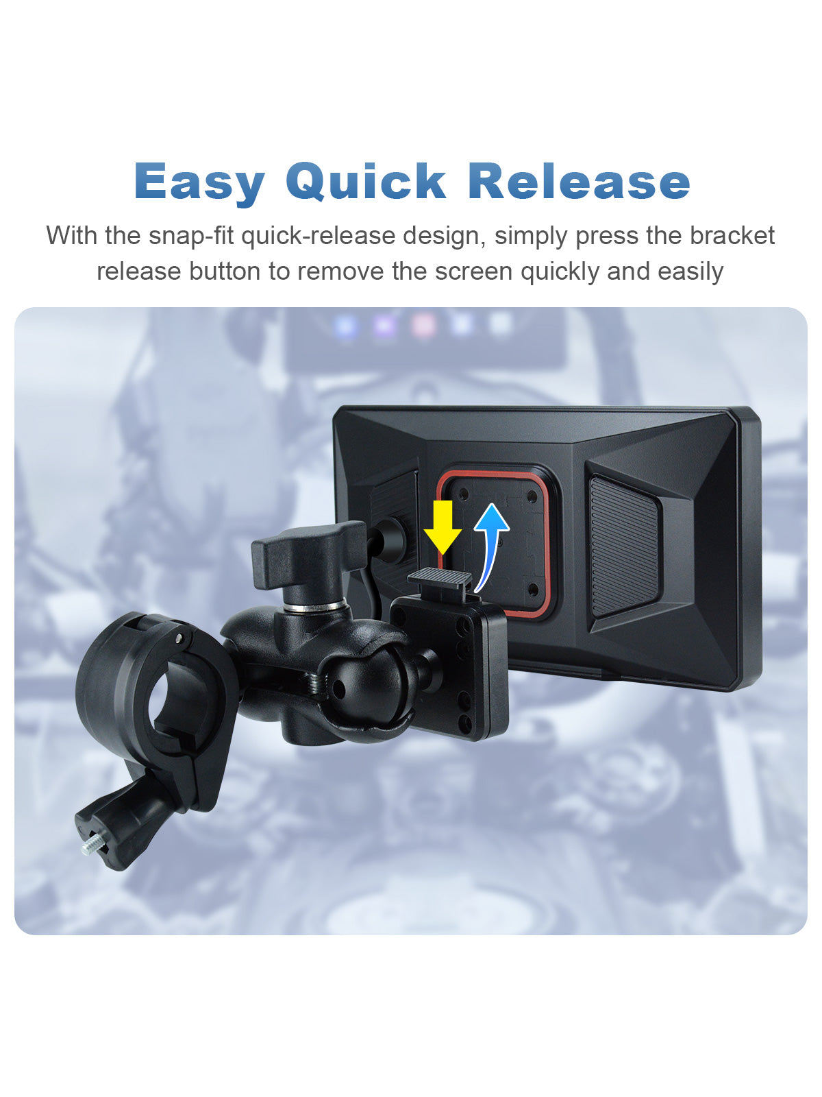 Linkifun MT6 6-inch motorcycle navigation screen with snap-fit quick-release mounting bracket for easy installation and removal