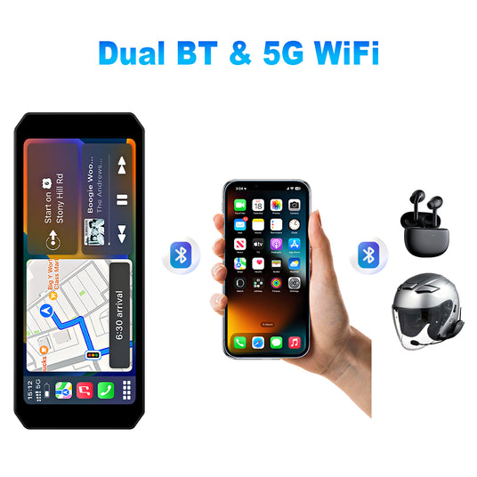 Linkifun MT7 dash cam with dual Bluetooth and 5G WiFi for seamless connectivity, automatic CarPlay/Android Auto reconnection, and auto-start feature.