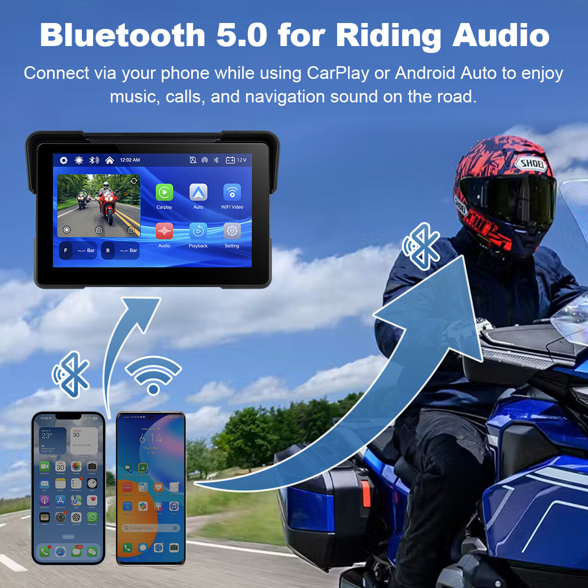 Linkifun™ MT7A 7" Motorcycle Navigation Screen with Wireless CarPlay & Android Auto, Front & Rear DVR Cameras, TPMS, IP67 Waterproof
