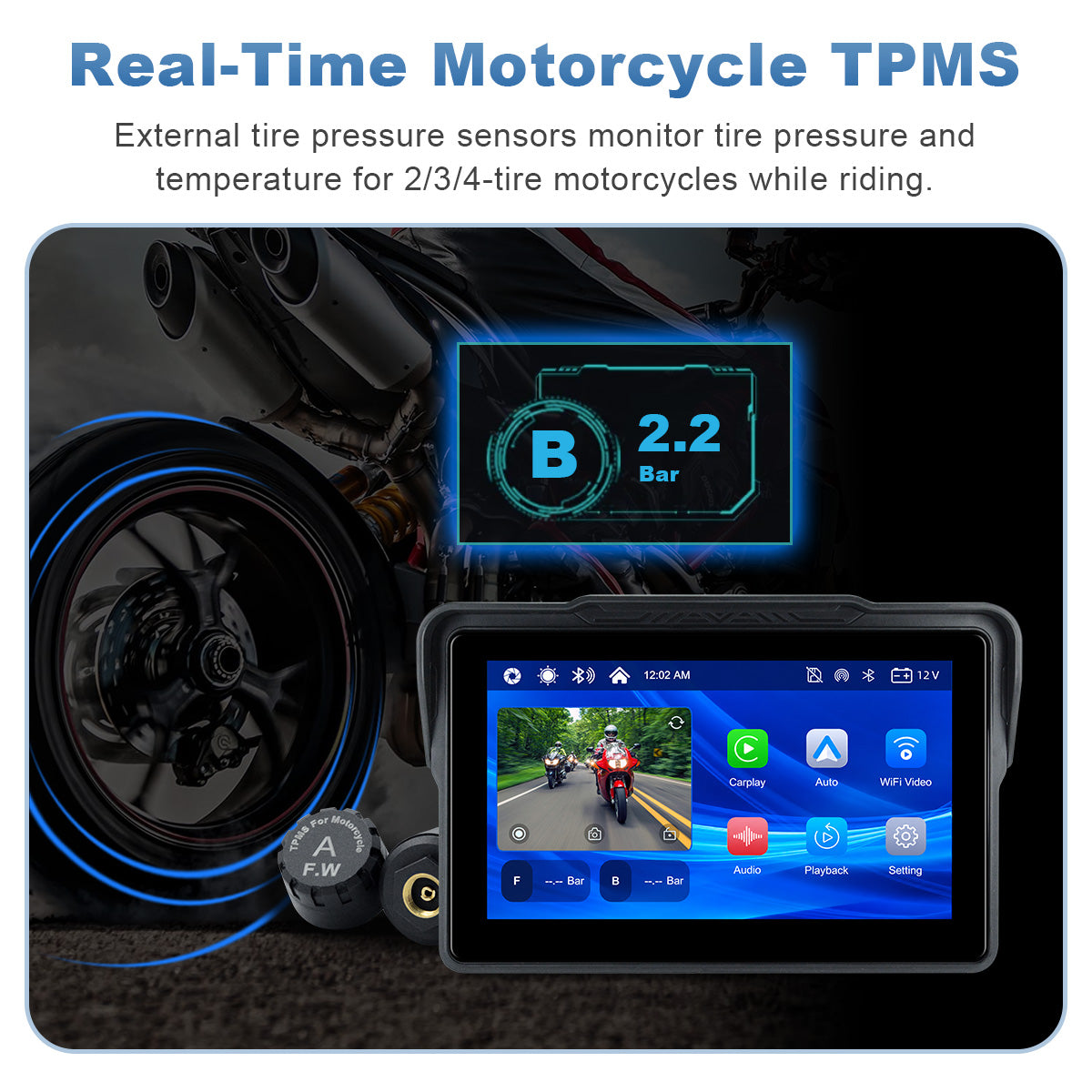 Linkifun™ MT7A 7" Motorcycle Navigation Screen with Wireless CarPlay & Android Auto, Front & Rear DVR Cameras, TPMS, IP67 Waterproof