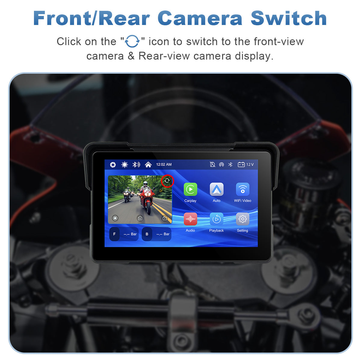 Linkifun™ MT7A 7" Motorcycle Navigation Screen with Wireless CarPlay & Android Auto, Front & Rear DVR Cameras, TPMS, IP67 Waterproof
