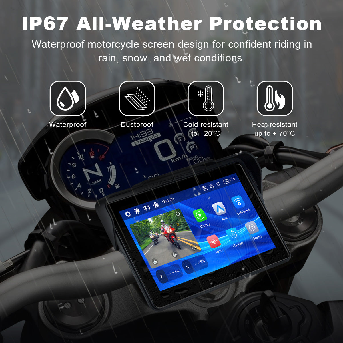 Linkifun™ MT7A 7" Motorcycle Navigation Screen with Wireless CarPlay & Android Auto, Front & Rear DVR Cameras, TPMS, IP67 Waterproof