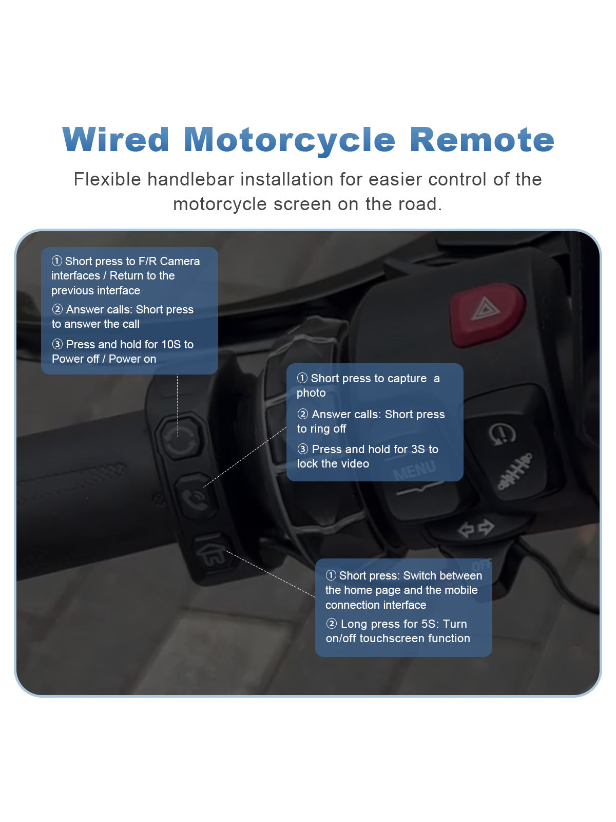Linkifun MT7A 7 inch motorcycle navigation screen with DVR and wired handlebar remote control for easier riding operation