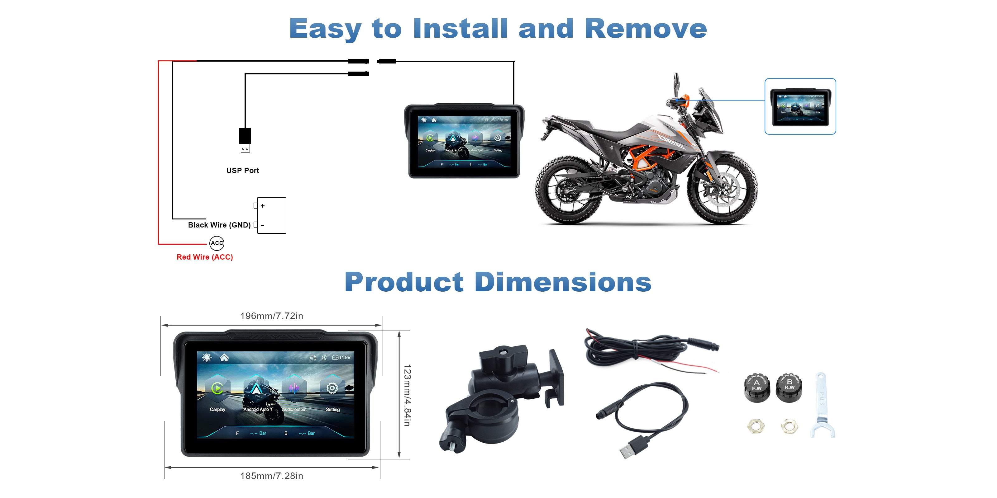Linkifun MT7A 7 inch motorcycle navigation screen size dimensions for desktop view