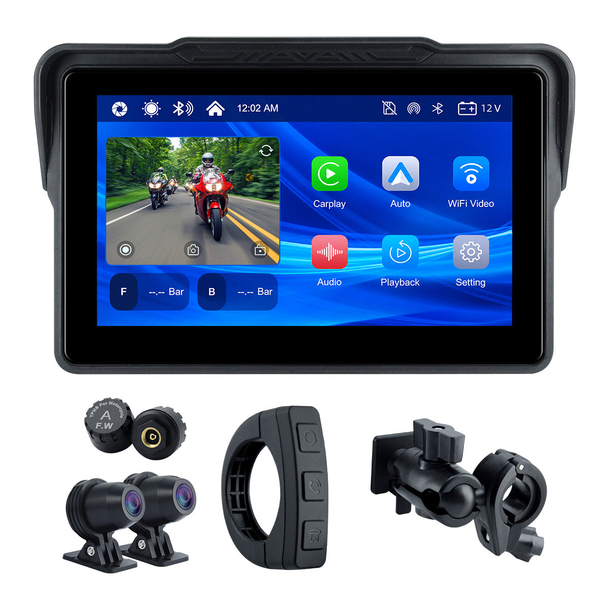 Linkifun™ MT7A 7" Motorcycle Navigation Screen with Wireless CarPlay & Android Auto, Front & Rear DVR Cameras, TPMS, IP67 Waterproof
