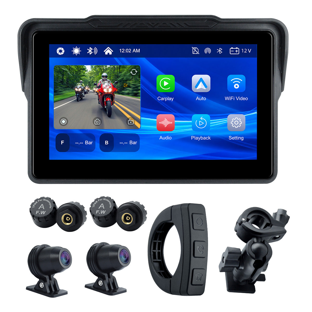 Linkifun™ MT7A 7" Motorcycle Navigation Screen with Wireless CarPlay & Android Auto, Front & Rear DVR Cameras, TPMS, IP67 Waterproof