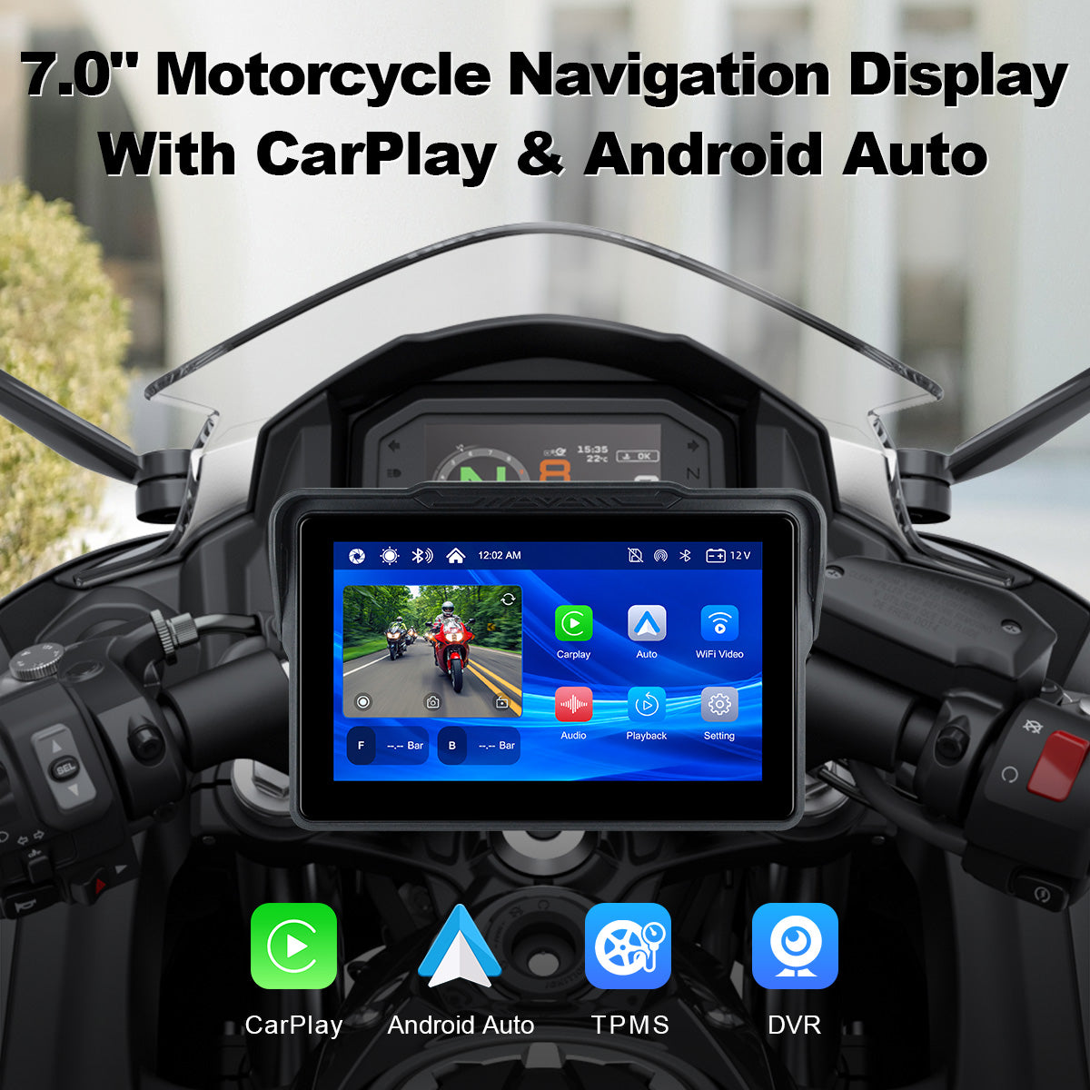 Linkifun™ MT7A 7" Motorcycle Navigation Screen with Wireless CarPlay & Android Auto, Front & Rear DVR Cameras, TPMS, IP67 Waterproof