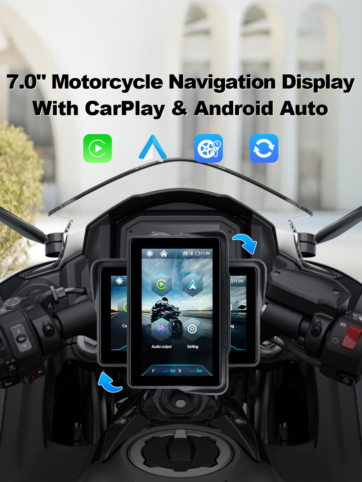 Linkifun MT7A 7 inch motorcycle navigation screen with wireless CarPlay, Android Auto, portrait and landscape display mode