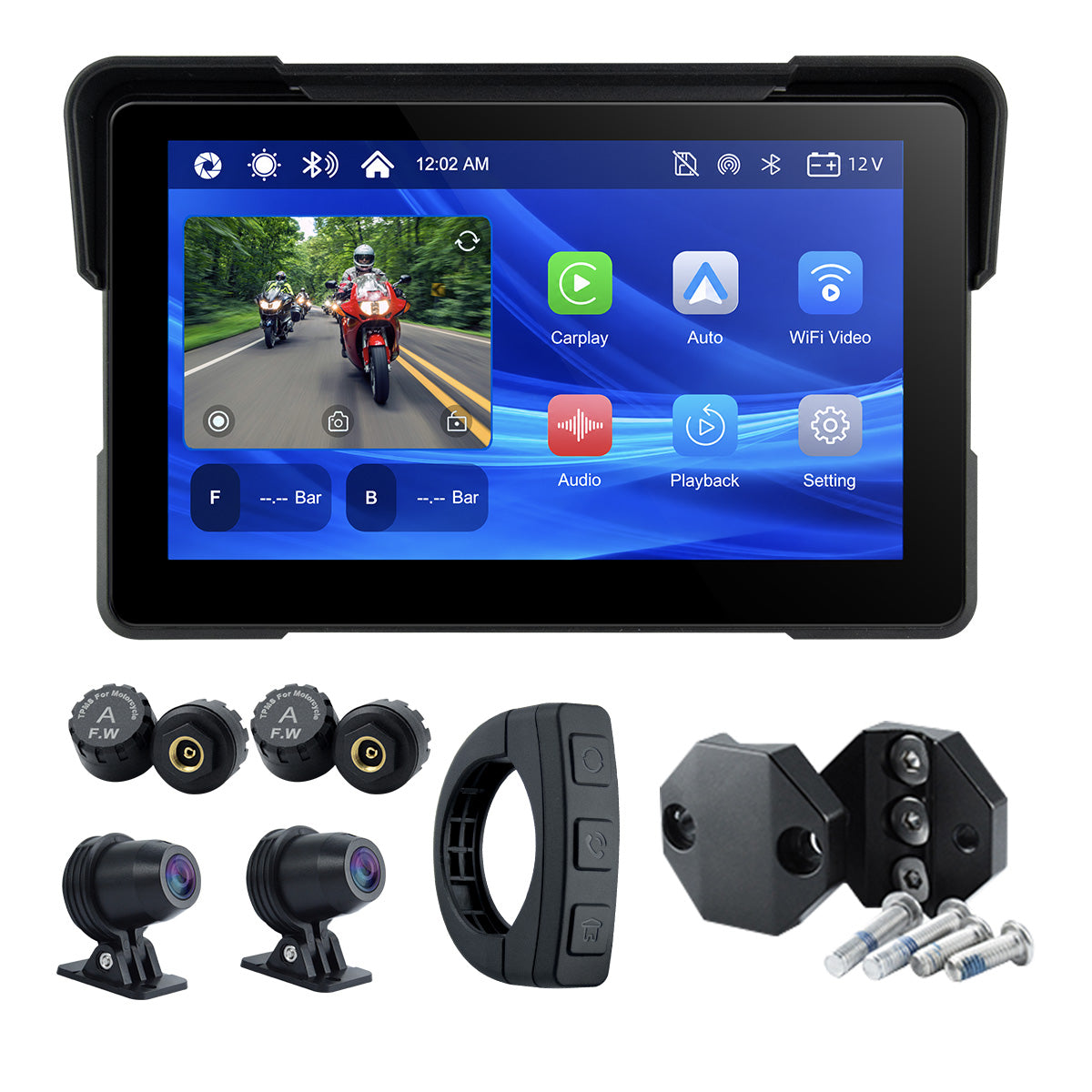 Linkifun™ MT7A 7" Motorcycle Navigation Screen with Wireless CarPlay & Android Auto, Front & Rear DVR Cameras, TPMS, IP67 Waterproof