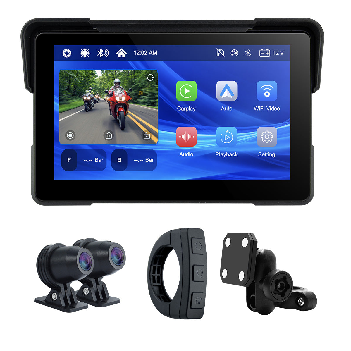 Linkifun™ MT7A 7" Motorcycle Navigation Screen with Wireless CarPlay & Android Auto, Front & Rear DVR Cameras, TPMS, IP67 Waterproof