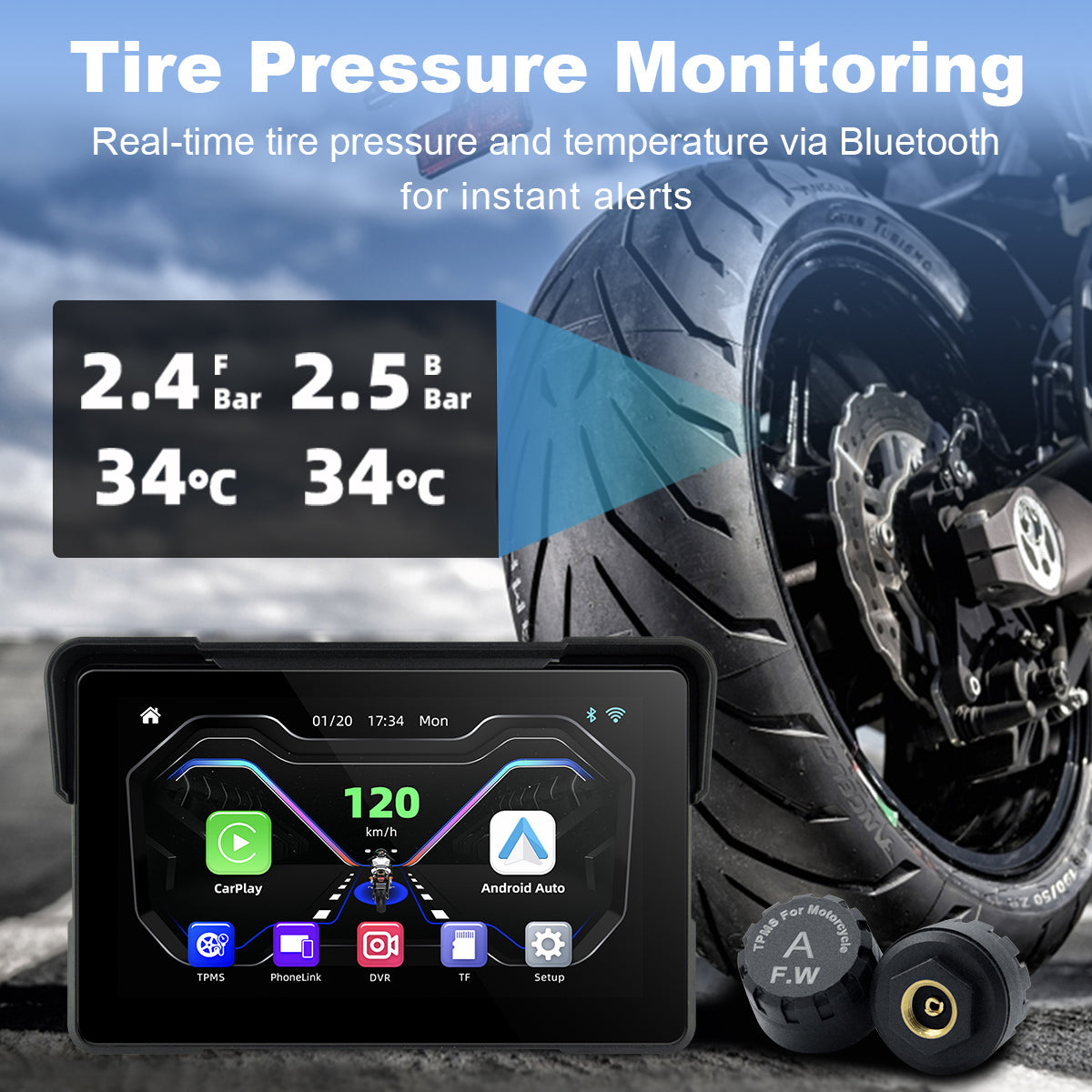 Linkifun™ MT7A 7" Motorcycle Navigation Screen with Wireless CarPlay, Android Auto & Screen Mirroring (Optional DVR & TPMS)