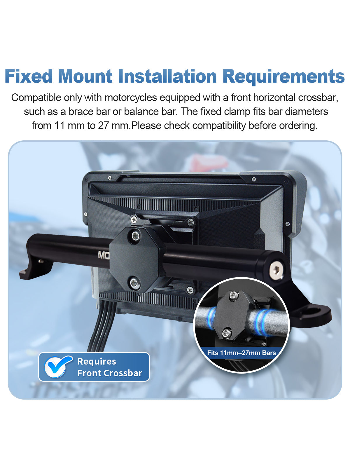 Linkifun MT7A motorcycle navigation screen with a secure fixed bracket designed for 11–27 mm front horizontal crossbars.
