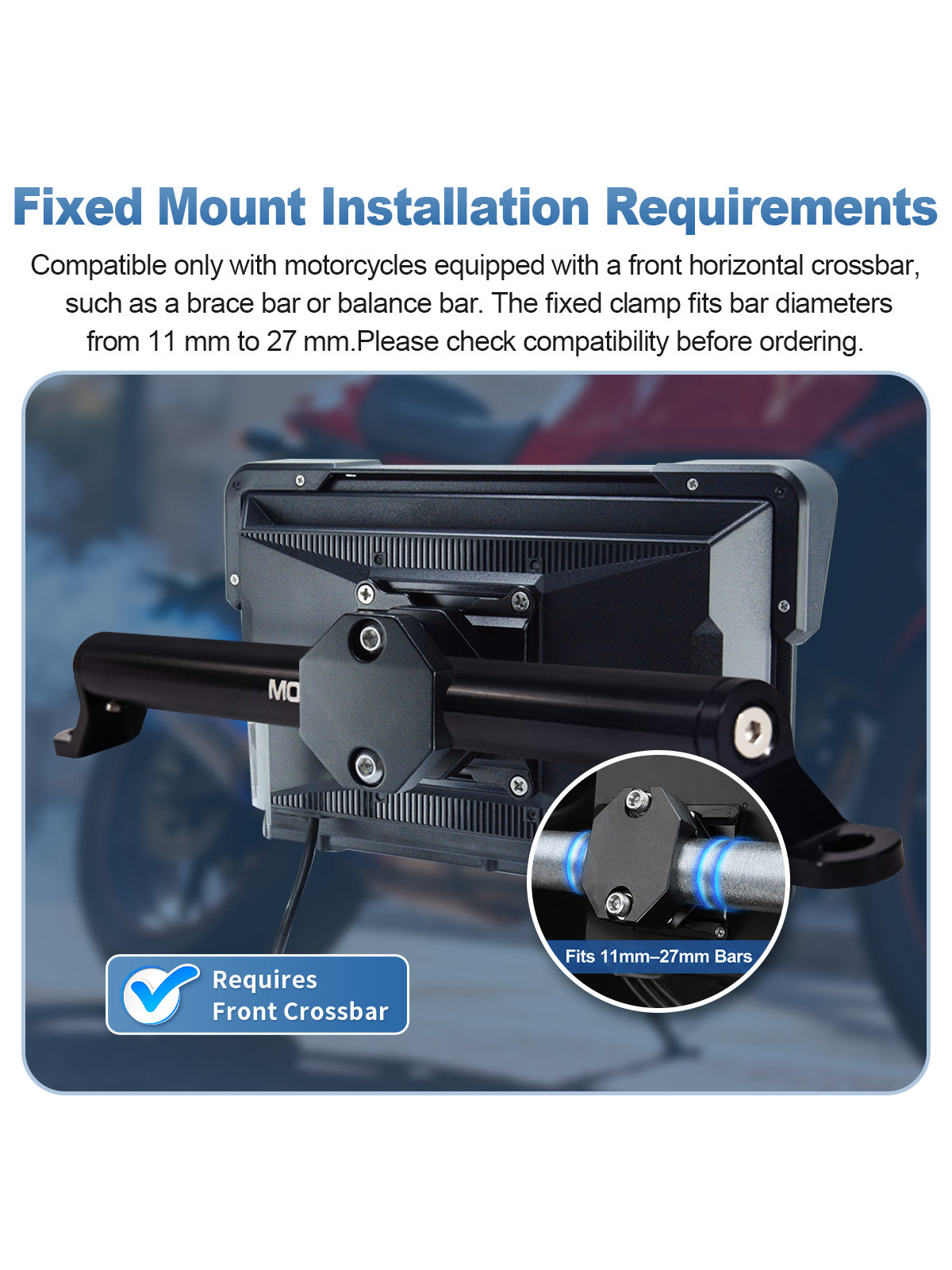 Linkifun MT7A motorcycle navigation screen with a secure fixed bracket designed for 11–27 mm front horizontal crossbars.