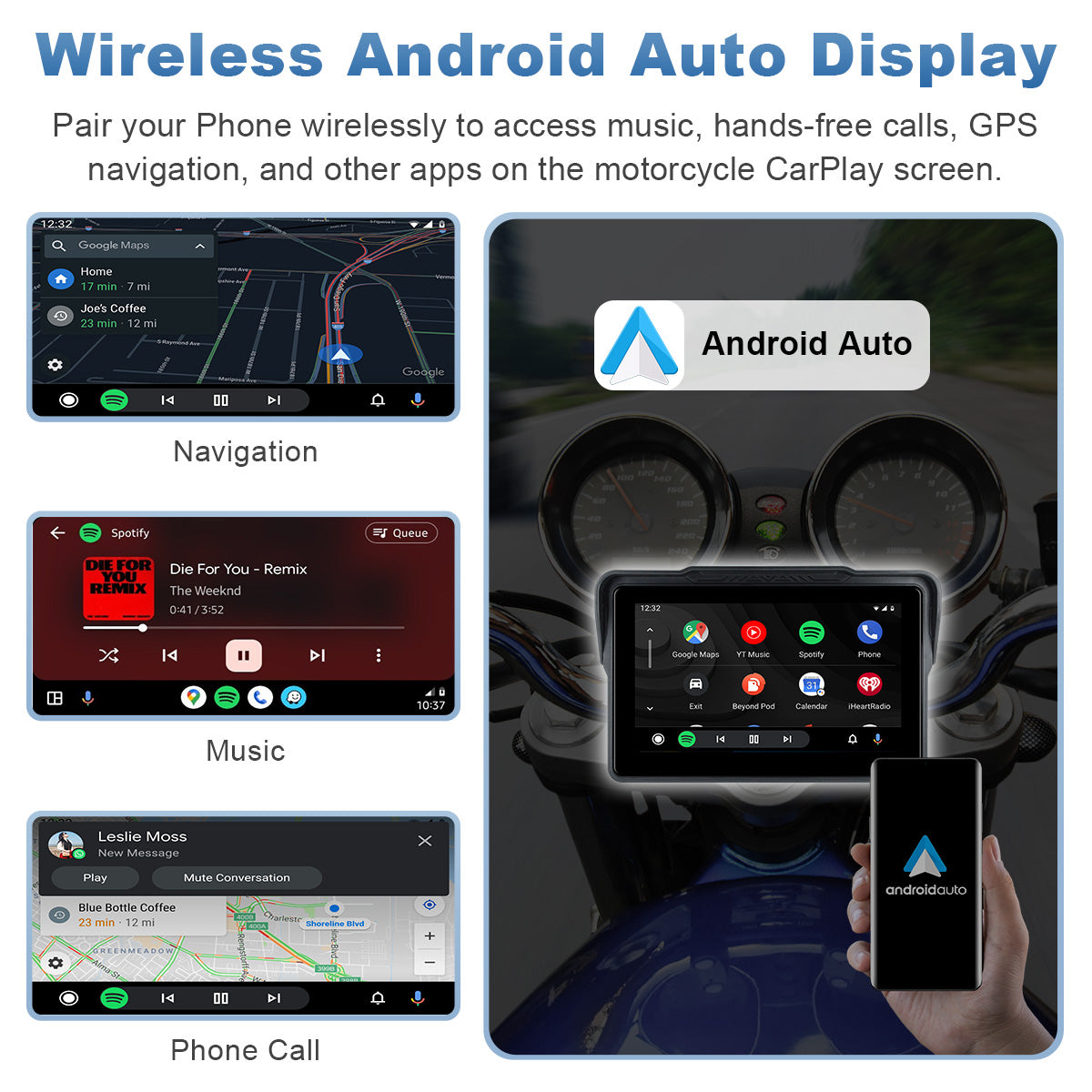 Linkifun™ MT7A 7" Motorcycle Navigation Screen with Wireless CarPlay & Android Auto, Front & Rear DVR Cameras, TPMS, IP67 Waterproof