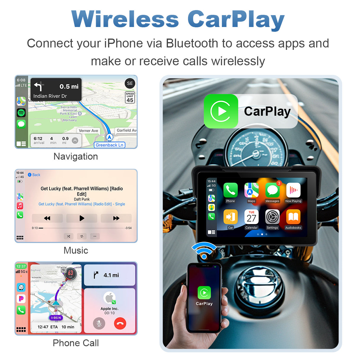 Linkifun™ MT7A 7" Motorcycle Navigation Screen with Wireless CarPlay, Android Auto & Screen Mirroring (Optional DVR & TPMS)