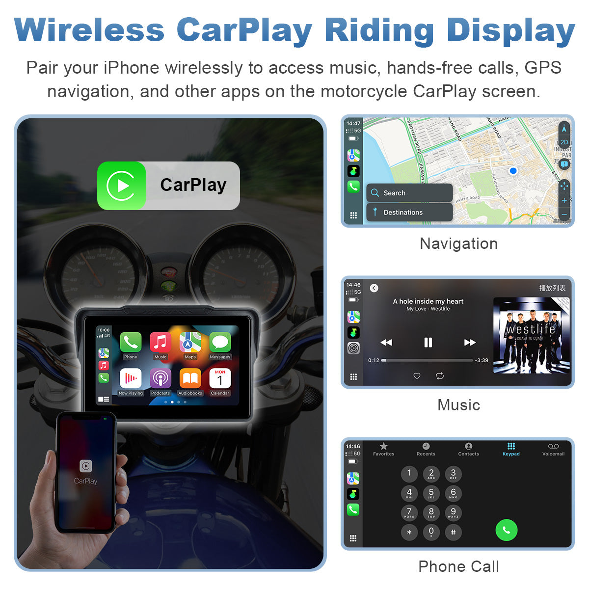 Linkifun™ MT7A 7" Motorcycle Navigation Screen with Wireless CarPlay & Android Auto, Front & Rear DVR Cameras, TPMS, IP67 Waterproof