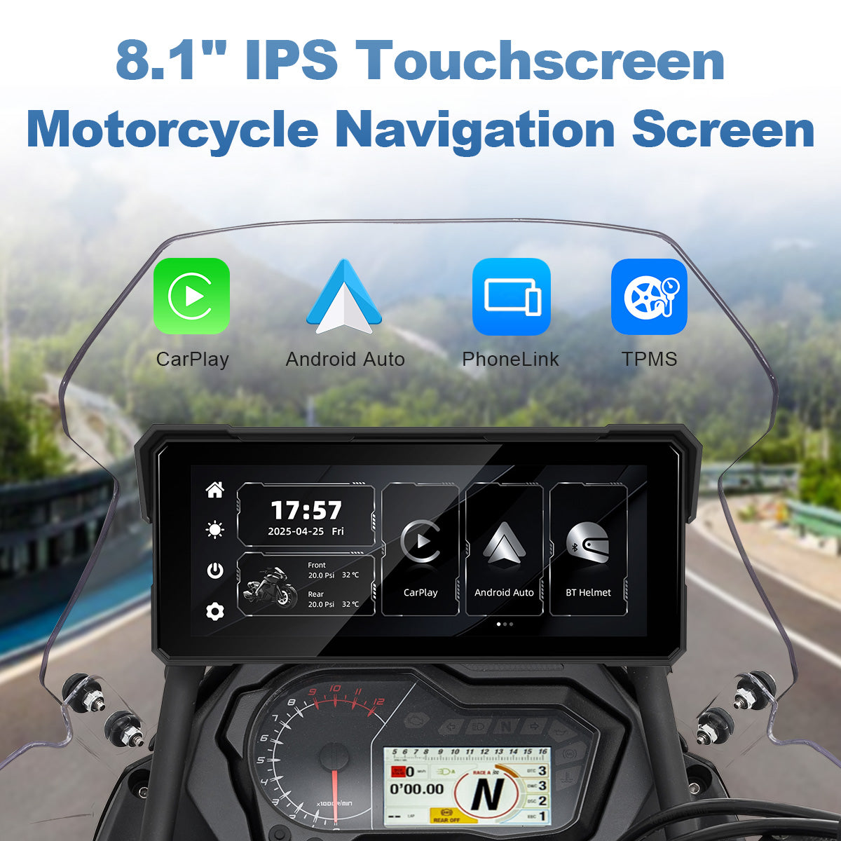 Linkifun™ MT81 8.1" Motorcycle Navigation Screen with Wireless CarPlay, Android Auto, Screen Mirroring (Optional TPMS)