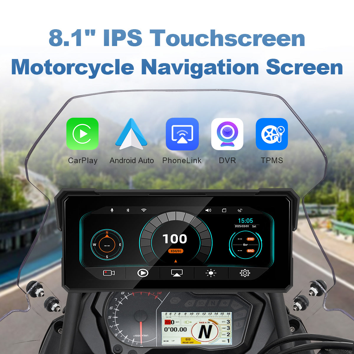 Linkifun™ MT81 8.1" Motorcycle CarPlay Navigation Screen with Wireless Android Auto, Screen Mirroring, Optional TPMS & DVR