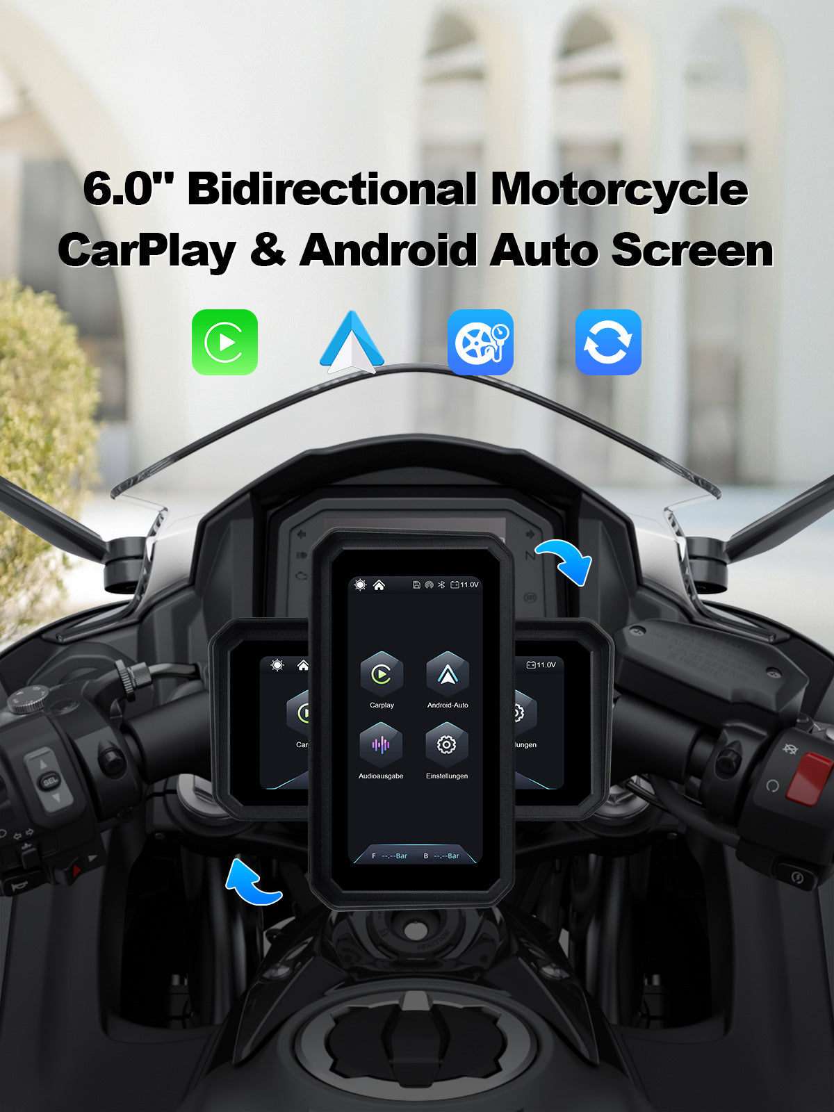 Linkifun MT9A 6-inch motorcycle navigation screen with wireless Apple CarPlay, Android Auto, and portrait or landscape display modes.