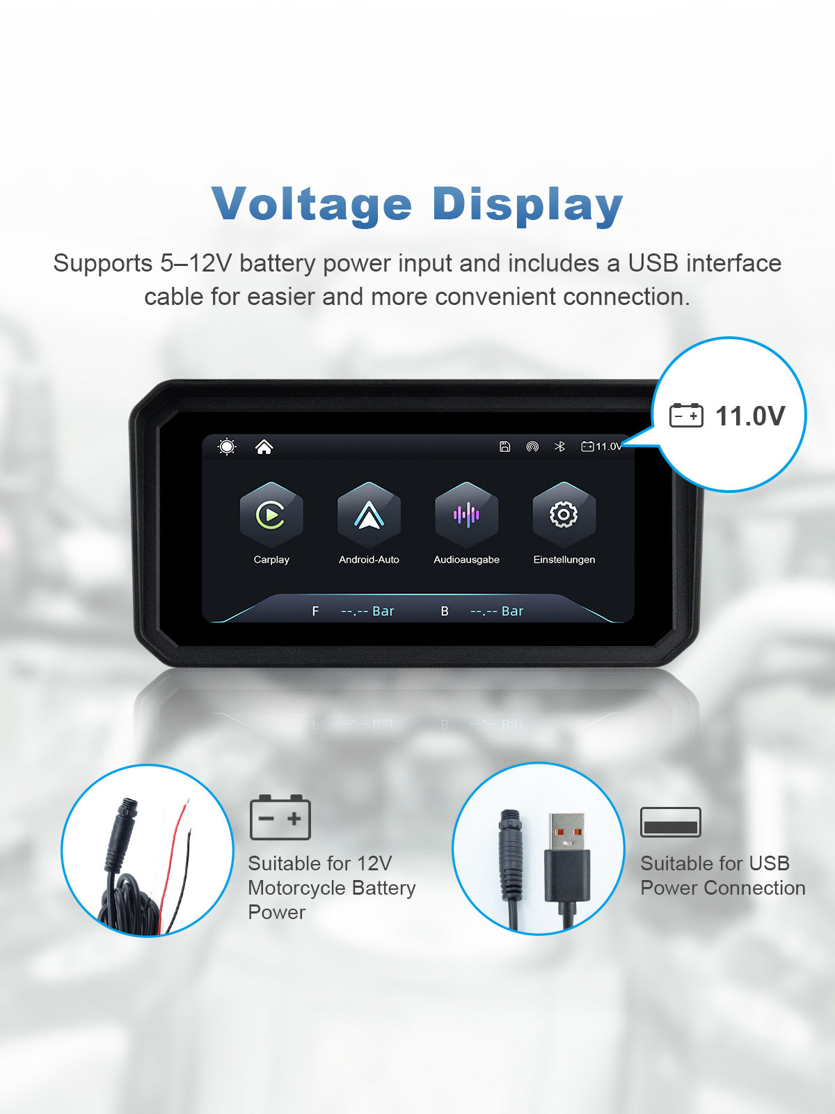 Linkifun MT9A motorcycle navigation screen with 5–12V battery input, USB power connection, and real-time voltage display.