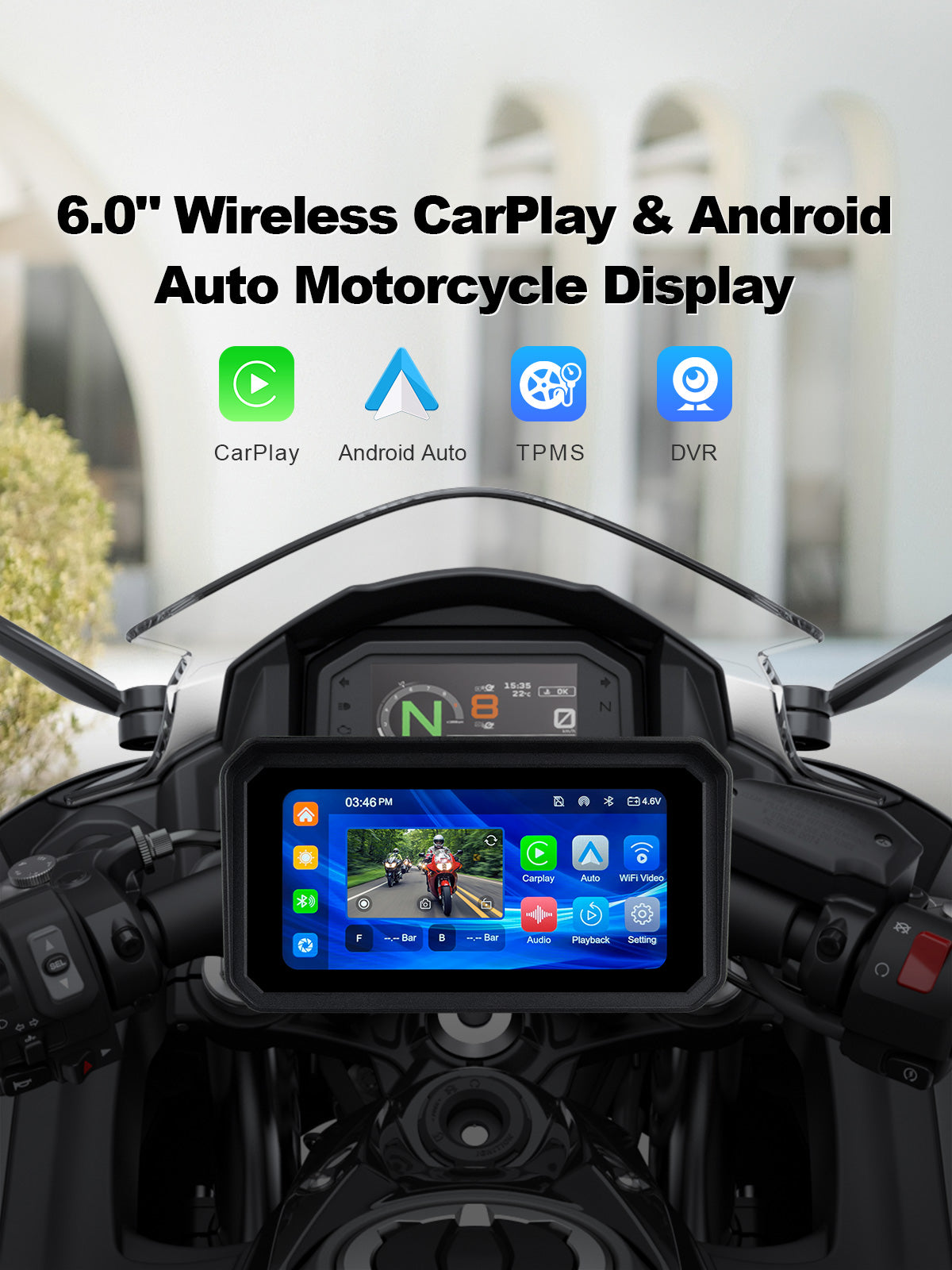 Linkifun MT9A DVR 6-inch motorcycle display with wireless CarPlay, Android Auto, front and rear cameras, and TPMS monitoring.
