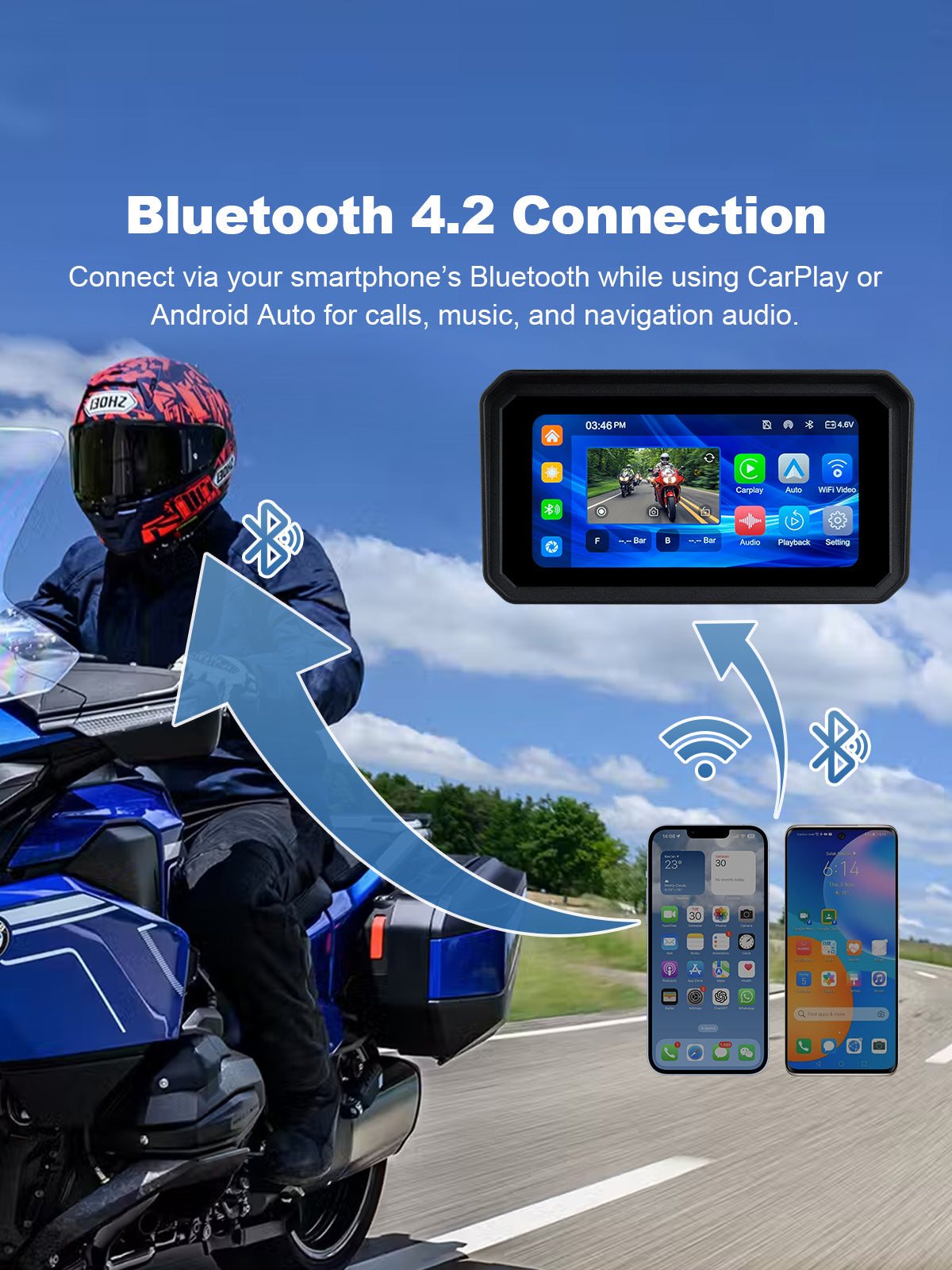 Linkifun MT9A DVR motorcycle display with Bluetooth 4.2 support for helmet headset audio, navigation prompts, music, and hands-free calls.
