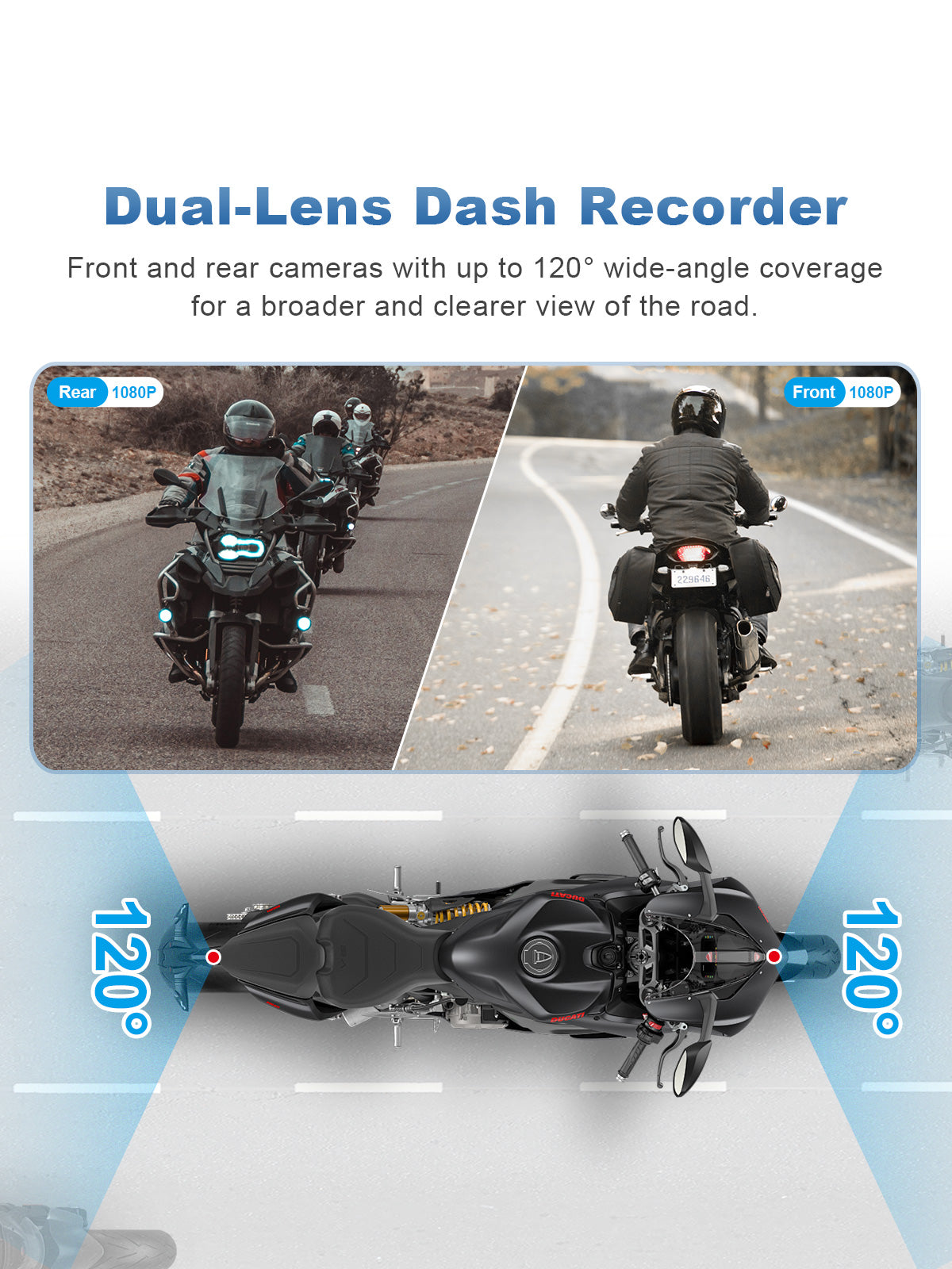 Linkifun MT9A DVR motorcycle navigation screen with dual 1080P front and rear cameras and 120-degree wide-angle recording.
