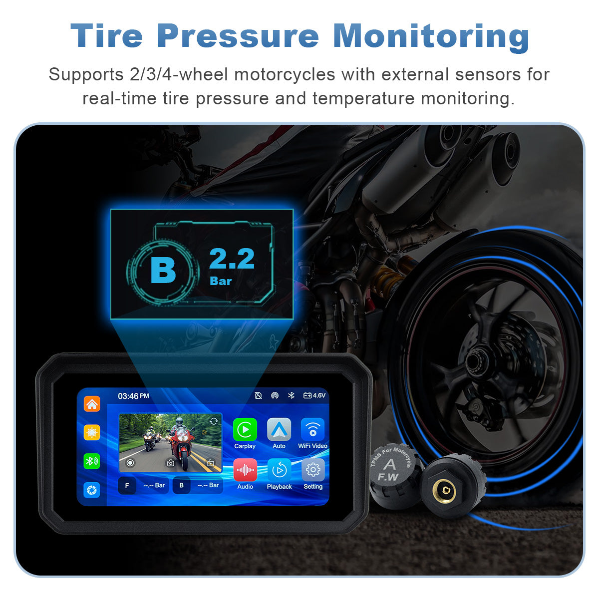 Linkifun™ MT9A 6" Motorcycle Navigation Screen with Wireless CarPlay & Android Auto, Front & Rear DVR Cameras, TPMS, IP67 Waterproof