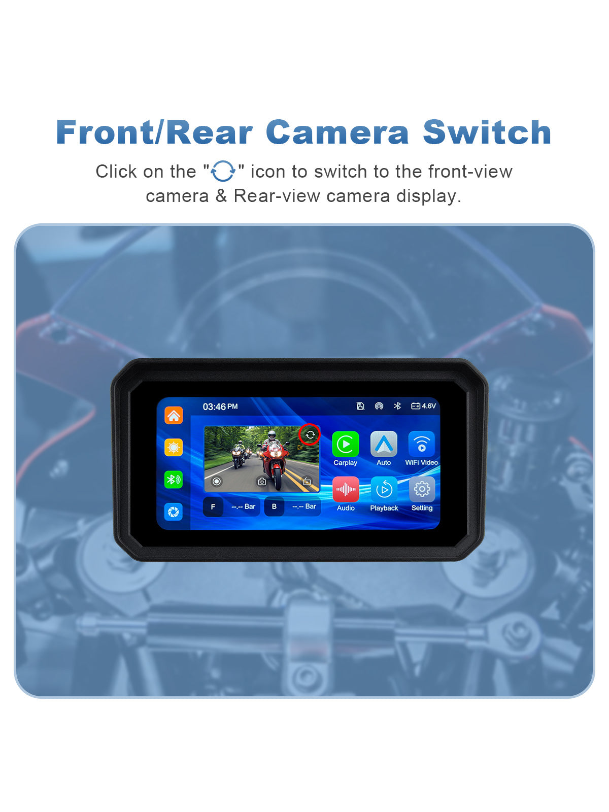 Linkifun MT9A DVR motorcycle display switching between front and rear camera views with one tap.