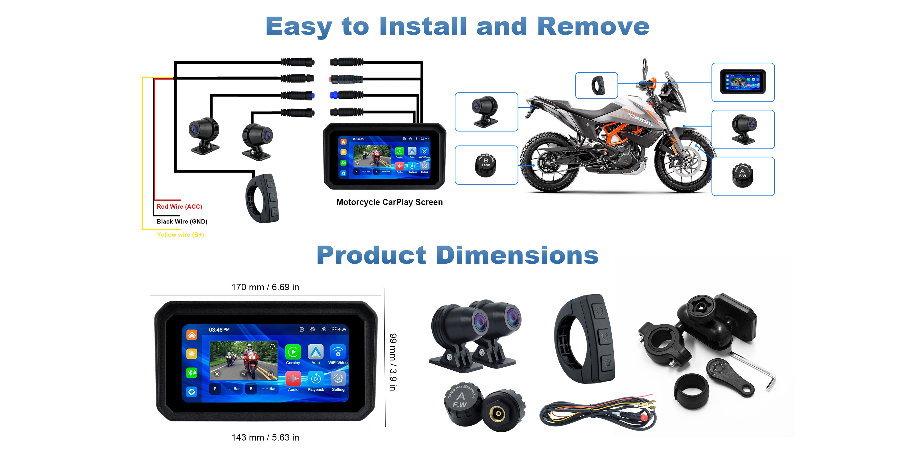 Linkifun MT9A DVR motorcycle navigation screen showing the installation wiring diagram, product dimensions, front and rear cameras, TPMS sensors, wired remote control, quick-release bracket, and included accessories.