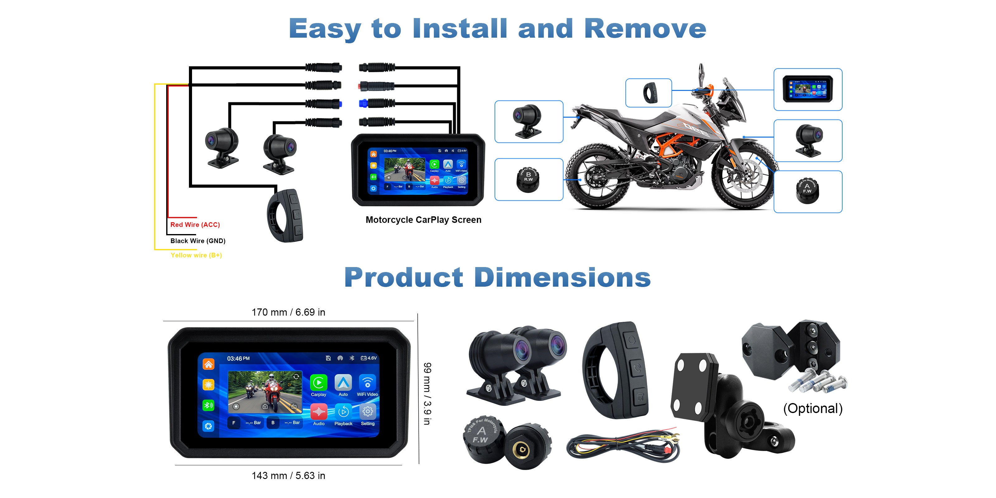 Linkifun MT9A DVR motorcycle navigation screen showing the installation wiring diagram, product dimensions, front and rear cameras, TPMS sensors, wired remote control, quick-release bracket, and included accessories.