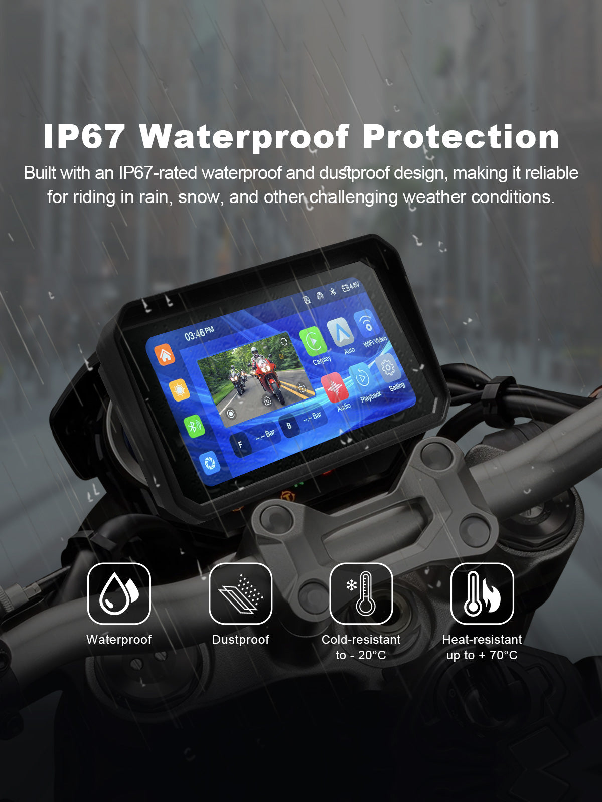 Linkifun MT9A DVR IP67 waterproof and dustproof motorcycle display designed for reliable use in rain, snow, dust, and wet riding conditions.