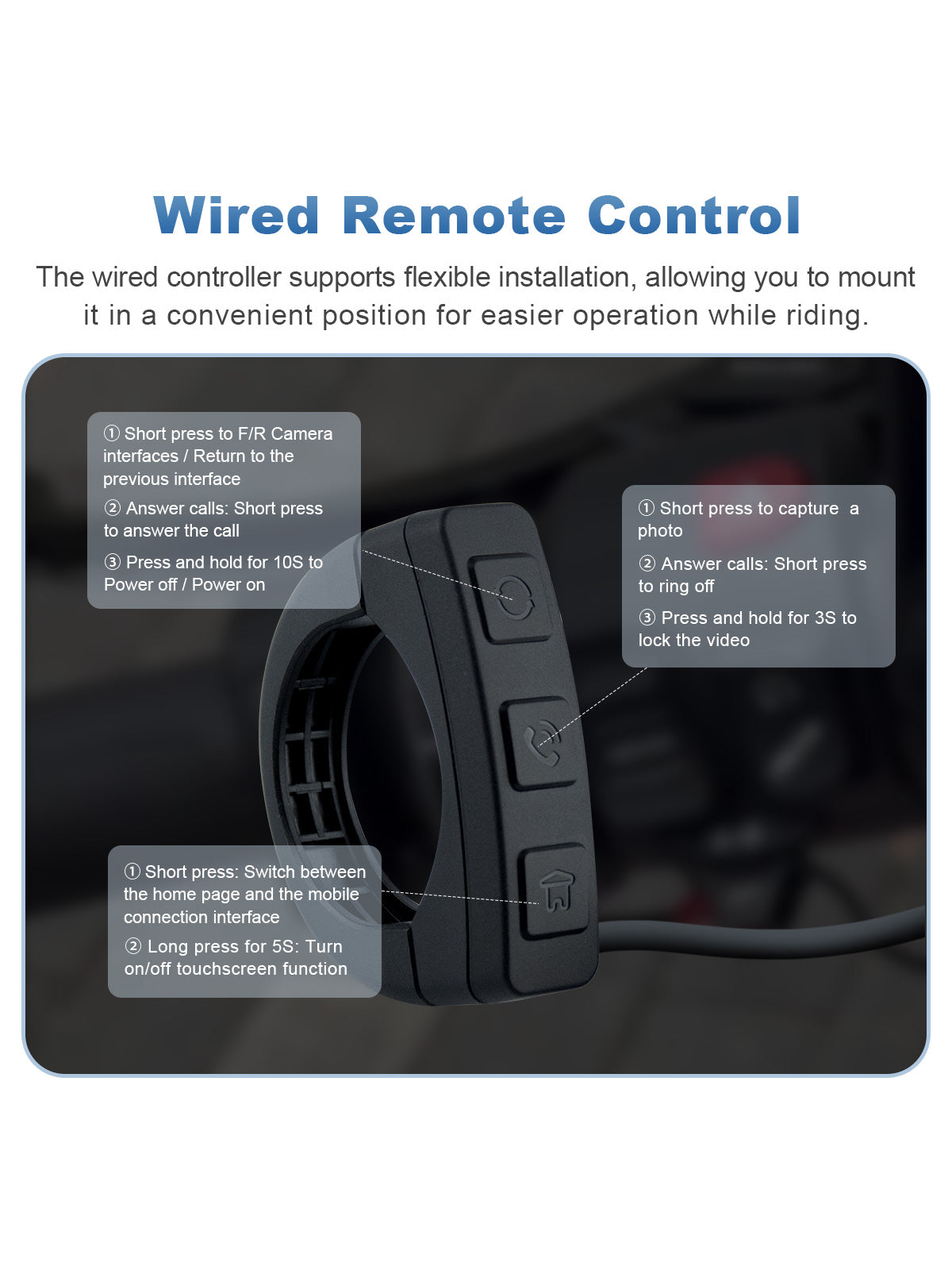 Linkifun MT9A DVR wired handlebar remote for camera switching, photo capture, video locking, call control, interface switching, and power operation.