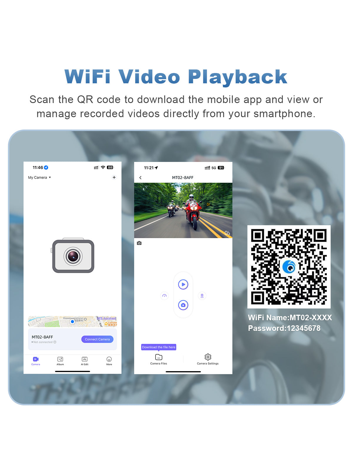 Linkifun MT9A DVR motorcycle display with WiFi app access for viewing, downloading, and managing front and rear camera recordings.