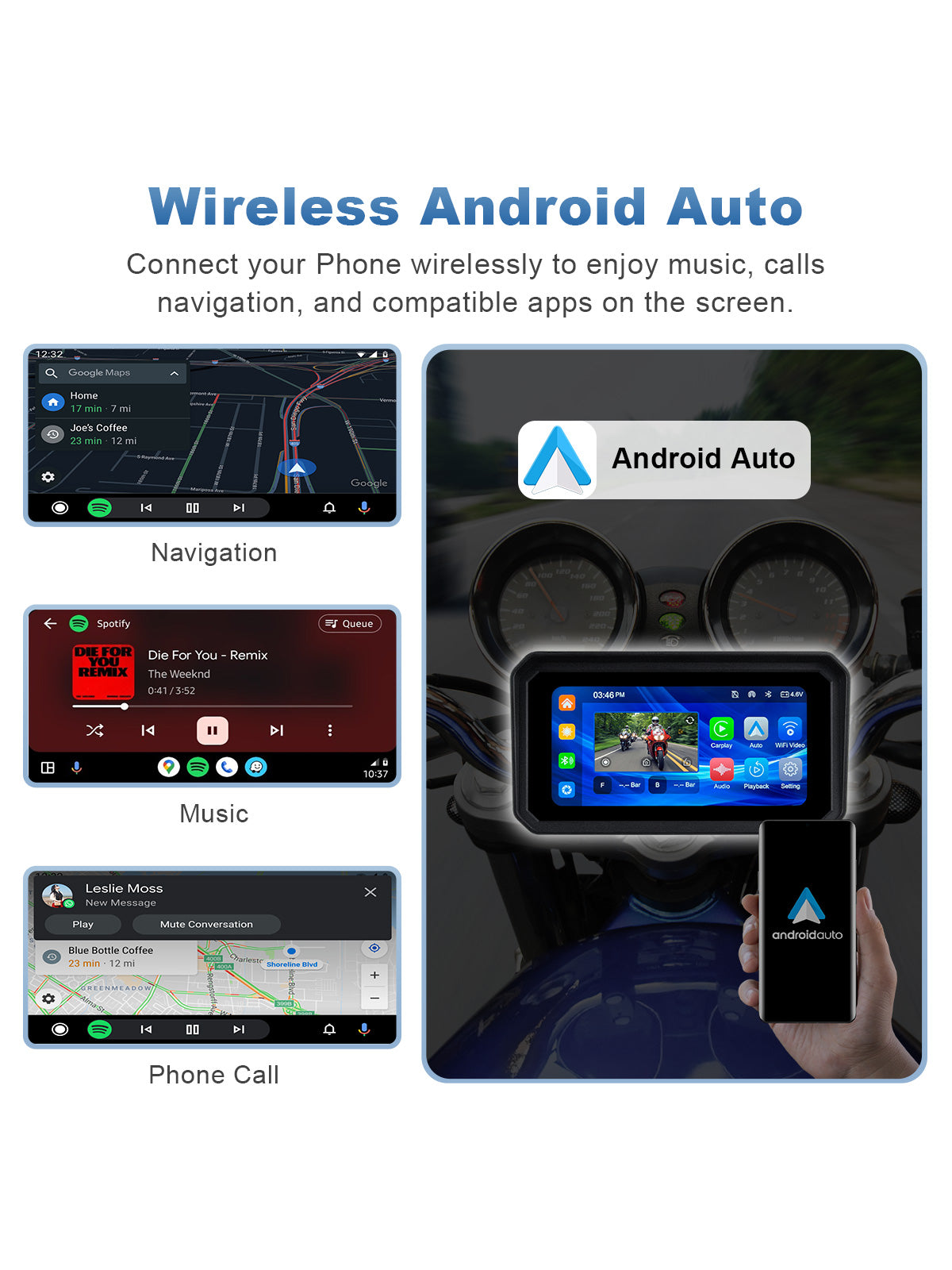 Linkifun MT9A DVR motorcycle display with wireless Android Auto for Google Maps, music, calls, notifications, and Google Assistant.