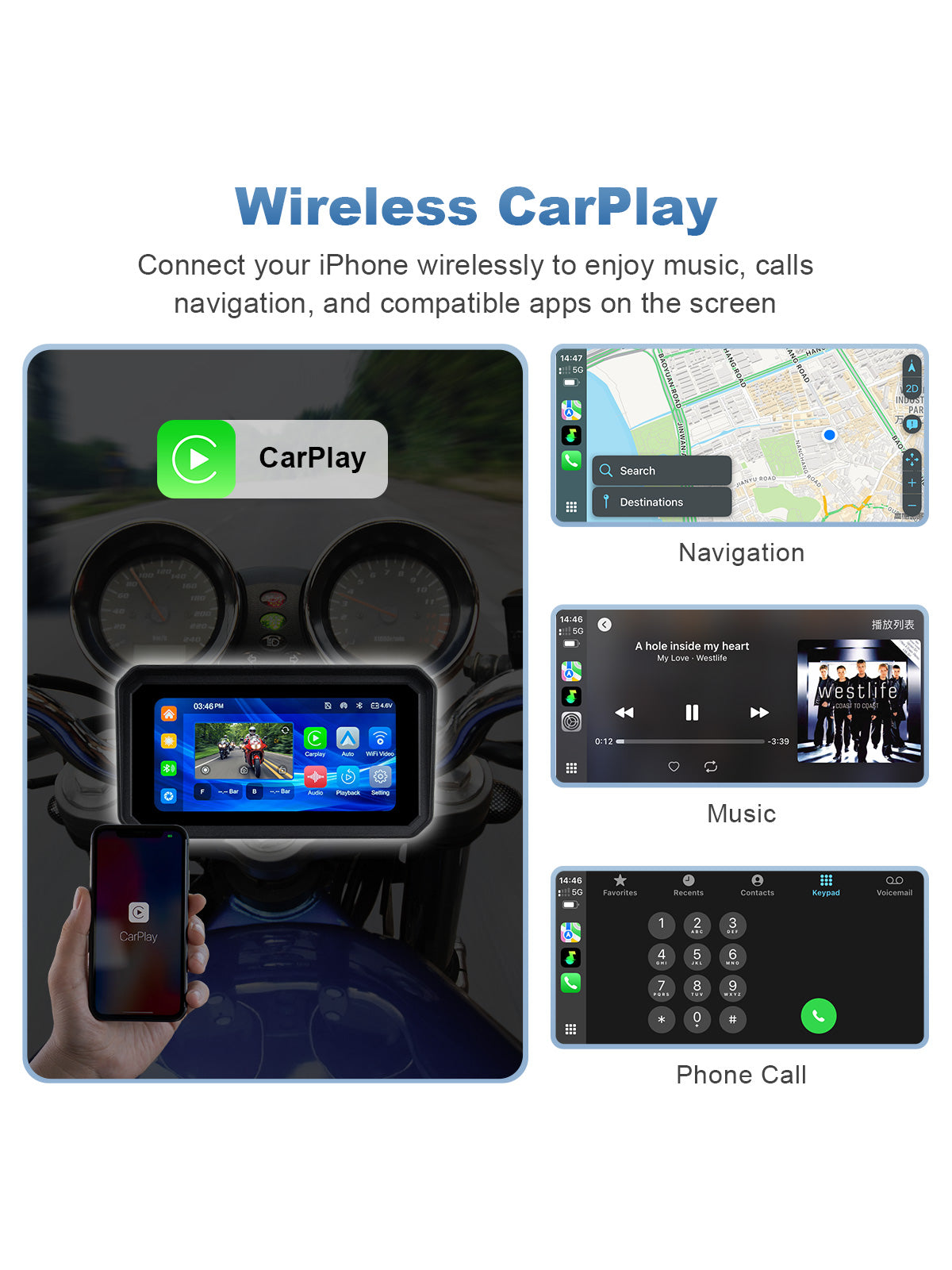 Linkifun MT9A DVR motorcycle screen with wireless Apple CarPlay for Apple Maps, music, calls, messages, and Siri voice control.
