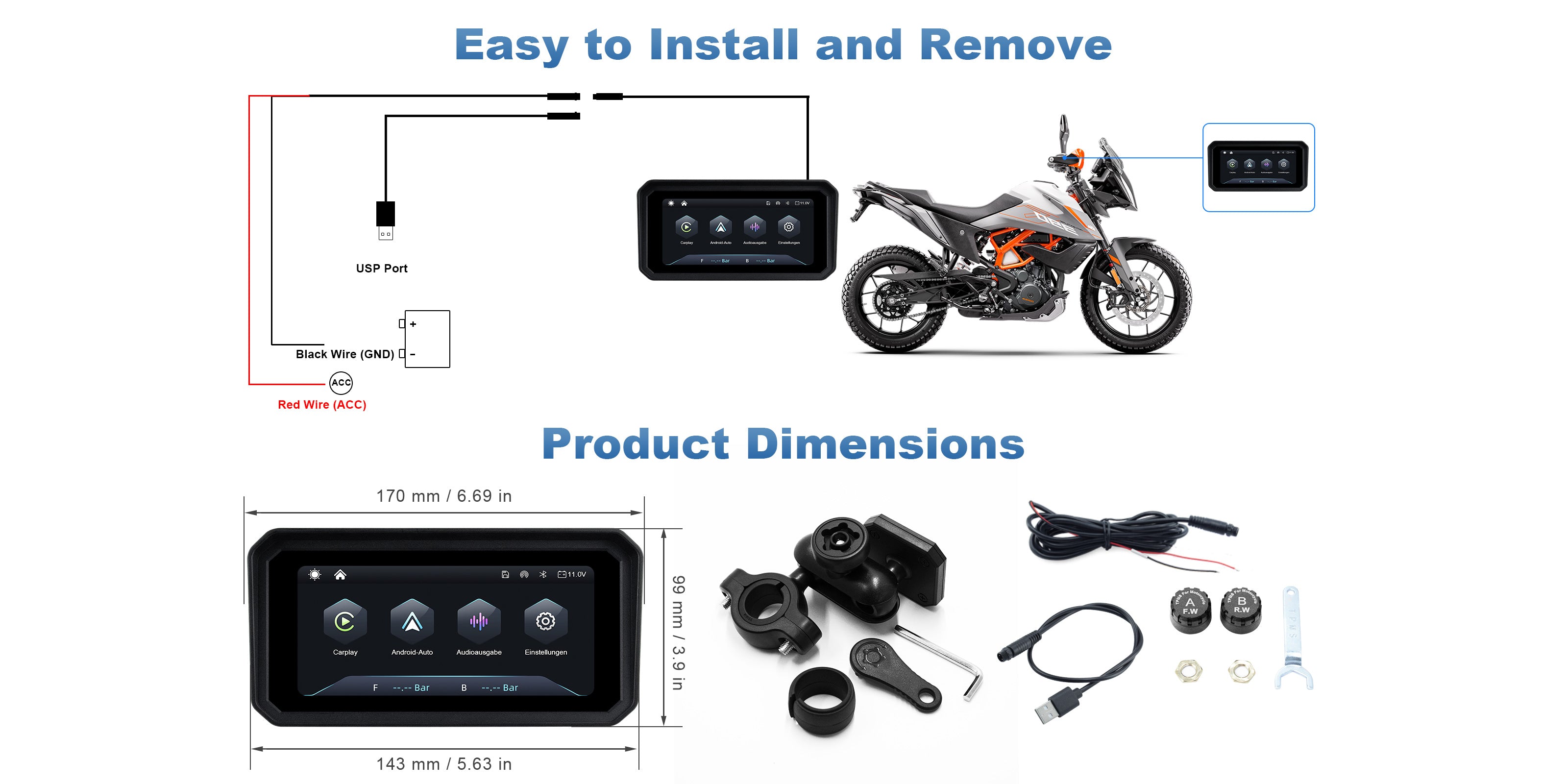 Linkifun MT11B motorcycle navigation screen wiring installation diagram showing power connection and setup