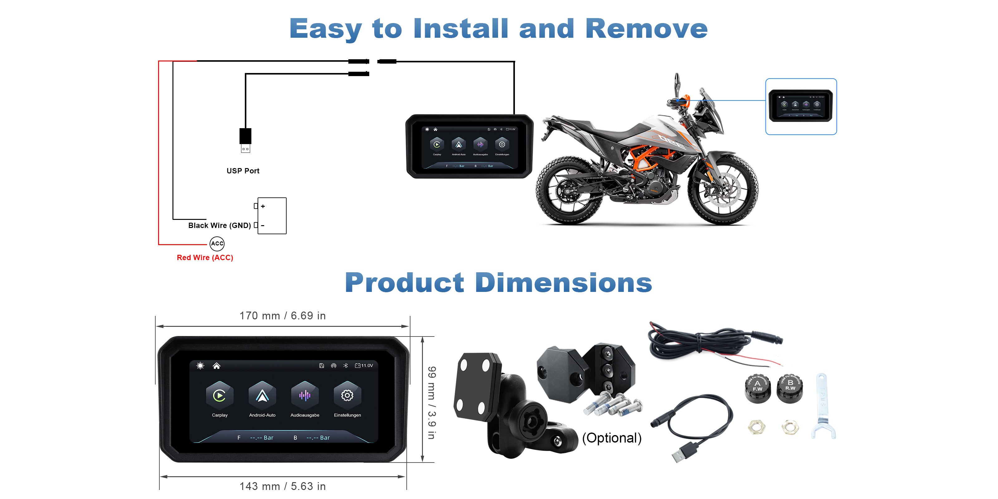 Linkifun M9a motorcycle navigation screen wiring installation diagram showing power connection and setup