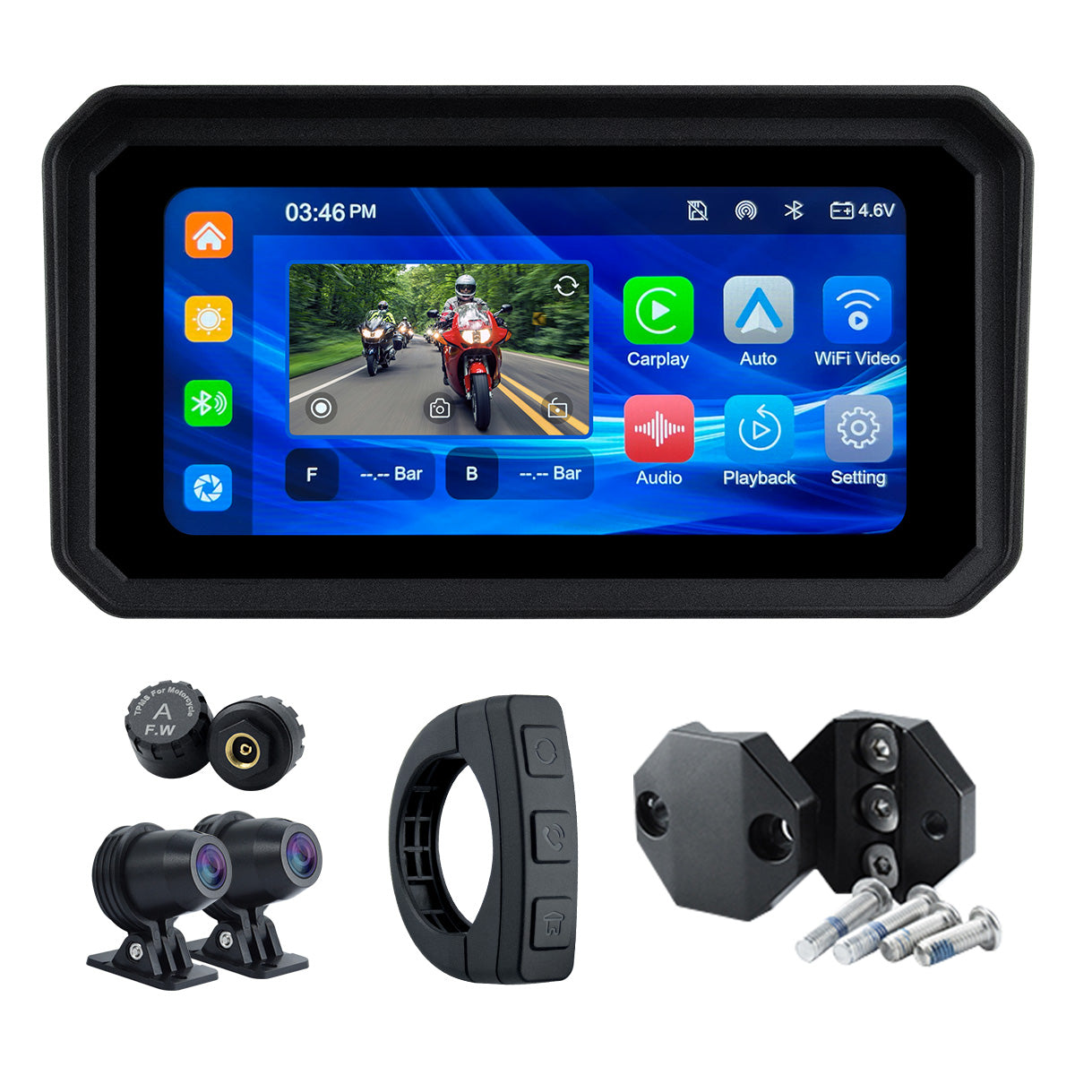 Linkifun™ MT9A 6インチ バイク用ナビゲーション画面（ワイヤレスCarPlay・Android Auto、前後DVRカメラ、TPMS、IP67防水）