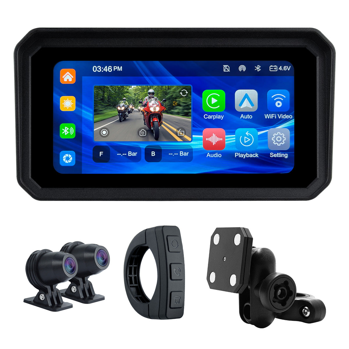 Linkifun™ MT9A 6インチ バイク用ナビゲーション画面（ワイヤレスCarPlay・Android Auto、前後DVRカメラ、TPMS、IP67防水）
