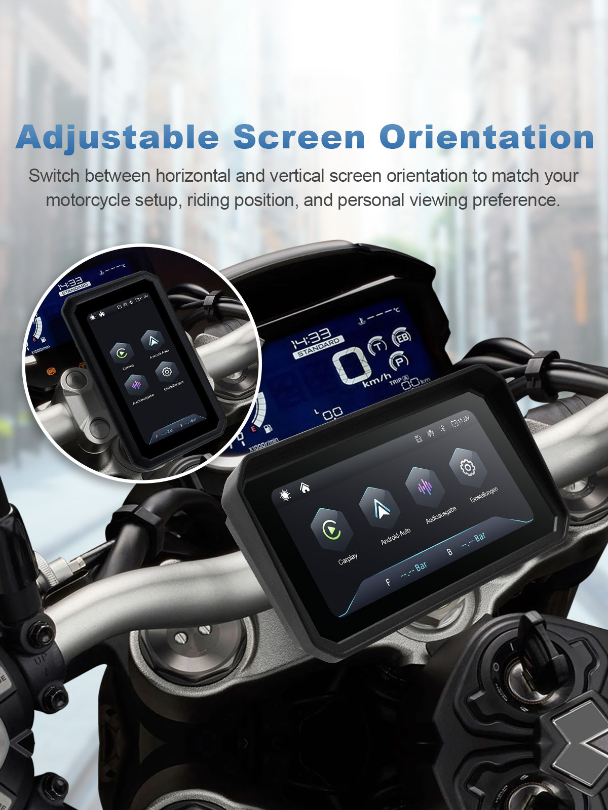 Linkifun MT9A motorcycle navigation display switching between portrait and landscape screen orientations.