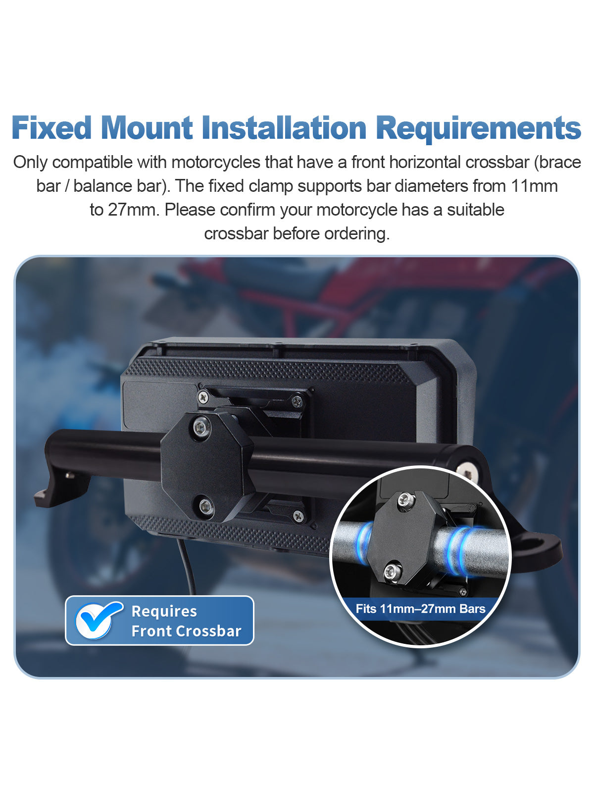 Linkifun MT9A motorcycle navigation screen with a secure fixed mounting bracket designed for 11–27 mm front horizontal crossbars.