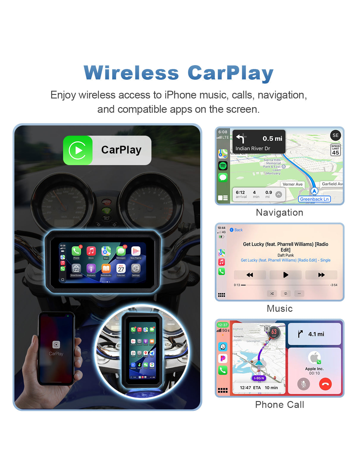 Wireless Apple CarPlay motorcycle display with Apple Maps, music, calls, Siri, and portrait or landscape viewing modes.